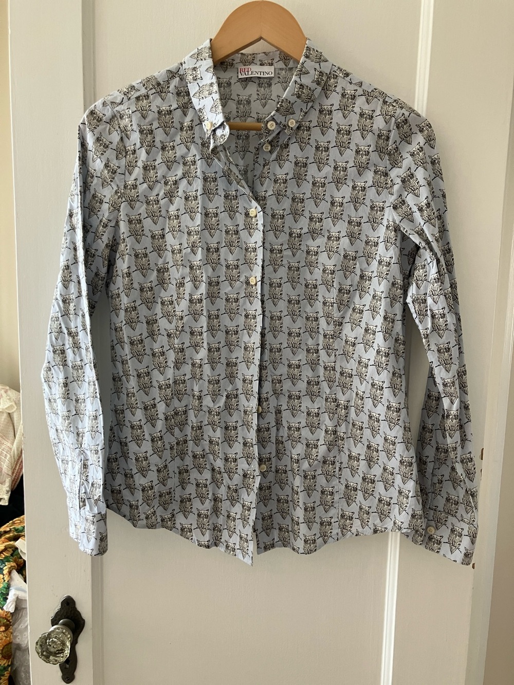 Valentino Light Blue Button-Down Shirt with Black Owls